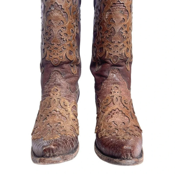 Vtg Corral C-1052 Women's Brown Leather Lizard Inlay Western Cowboy Boots 7.5 M - Picture 4 of 8